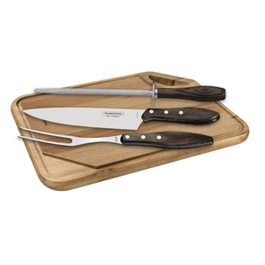 Kit para asado Tramontina de acero inoxidable y mango castaño Polywood con tabla de madera, 4 piezas.