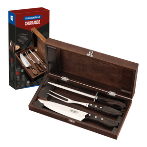 Kit para Asado Tramontina de Acero Inoxidable con Mango Castaño Polywood con Estuche de Madera 4 Piezas