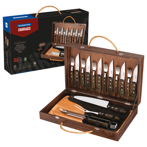 Kit para asado Tramontina con Cubiertos Jumbo de Acero Inoxidable, Mango Castaño Polywood con Tabla y Estuche de Madera, 17 piezas.