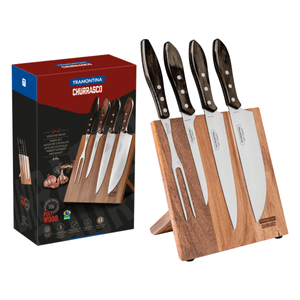 Juego para Asado Tramontina con Láminas de Acero Inoxidable y Mangos de Madera Polywood Castaño 5 Piezas