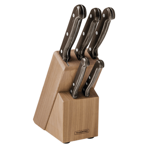 Juego de Cuchillos Tramontina Polywood con Láminas de Acero Inoxidable y Mangos de Madera Tratada Castaño con Soporte de Madera 6 Piezas