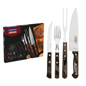 Kit para asado Tramontina de acero inoxidable con mango castaño Polywood, 14 piezas.