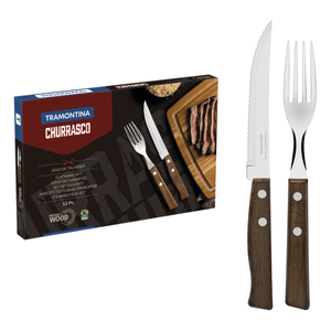 Juego de Cubiertos para Asado Tramontina con Láminas de Acero Inoxidable y Mangos de Madera Natural, 12 piezas.