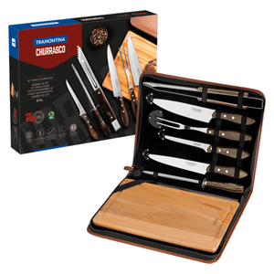 Kit para Asado Tramontina con Láminas de Acero Inoxidable y Mangos de Madera Polywood Castaño, con Tabla de Corte y Estuche 8 Piezas