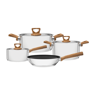 Batería de cocina Brava antiadherente  de acero inoxidable con fondo triple, mangos y asas con terminación efecto madera 4 piezas Tramontina