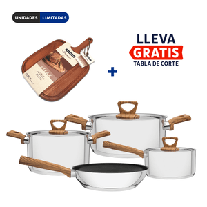 Batería de cocina Brava antiadherente  de acero inoxidable con fondo triple, mangos y asas con terminación efecto madera 4 piezas Tramontina