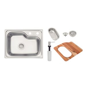 Cubeta Tramontina Morgana Compact 48 FX Undermount en Acero Inoxidable + válvula, tabla de madera, cesta coladora y dispensador de jabón